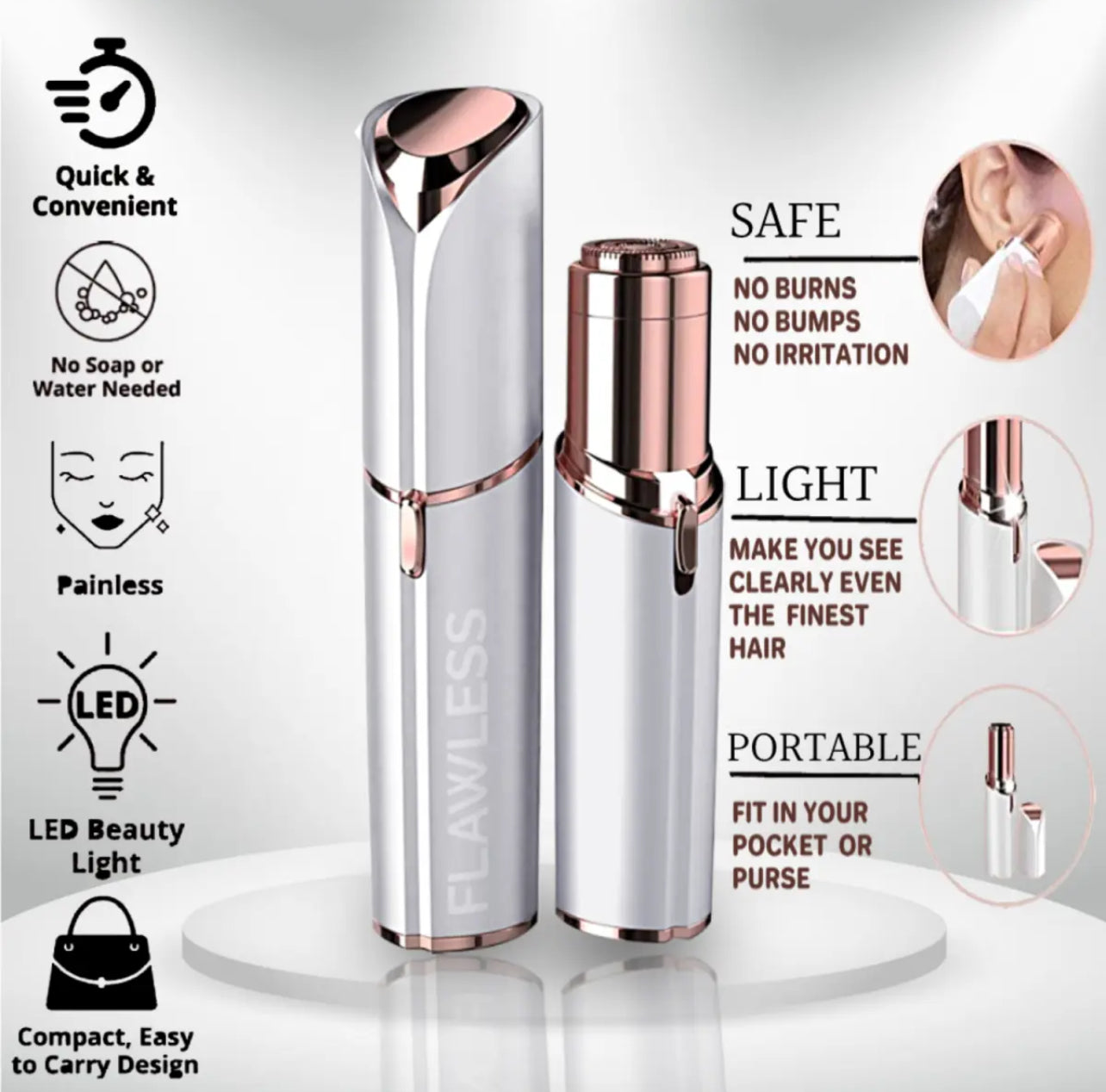 Rechargeable Painless Facial Hair Remover for Women | USB Electric Shaver with LED Light | Lipstick-Shaped Portable Eyebrow, Lip, Chin & Upper Lip Trimmer | Original Finishing Touch Flawless Hair Removal | Imported & Original for Girls & Ladies